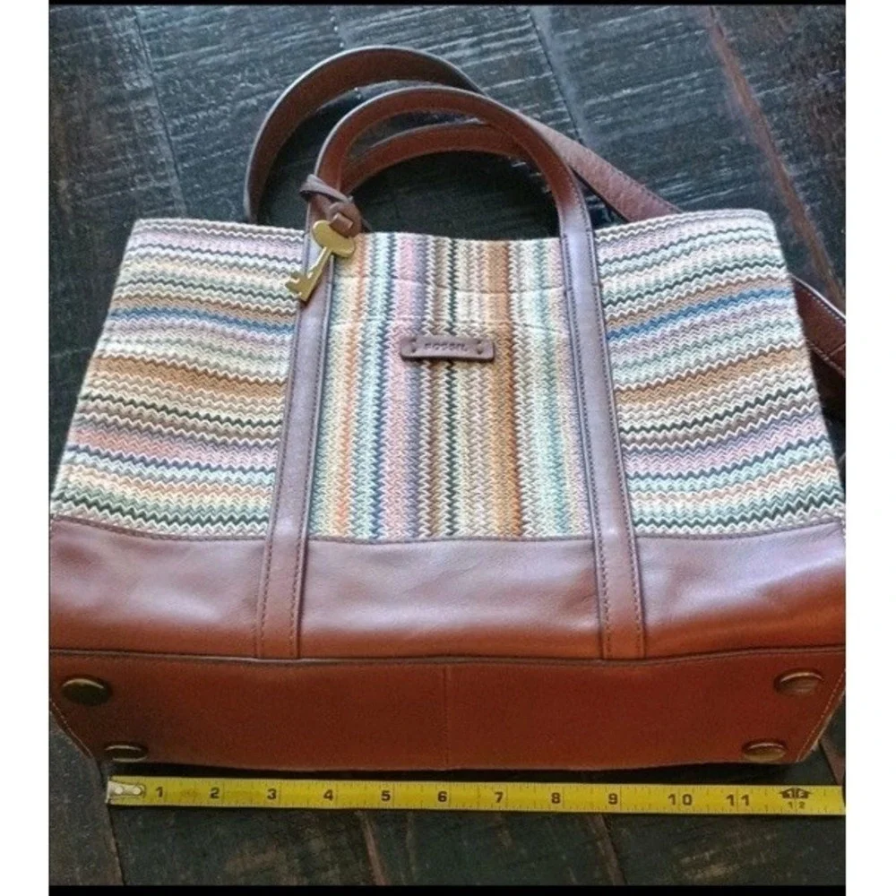 Fossil Carmen Tote Southwest Stripe Knit Leather Handles Boho Satchel Bag - Picture 5 of 6